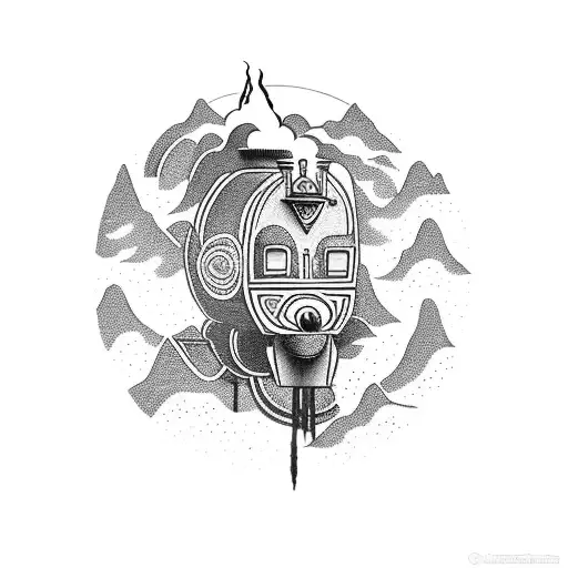 The main piece is a steam train coming around a mountain. There is smoke coming out the top, with an african mask shaped tattoo design idea