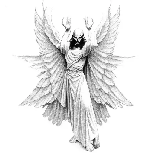 i want a god like figure with its hands extended with a cape or robe that make it look like wings tattoo design idea