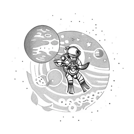 A scuba diver floating in space surrounded by planets and stars tattoo design idea