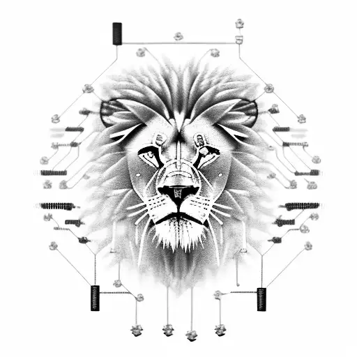 A cybernetic lion with circuitry and technological elements tattoo design idea