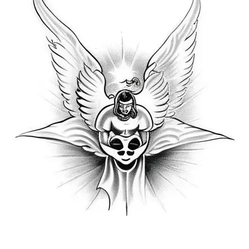 Warrior angel taking down demons tattoo design idea