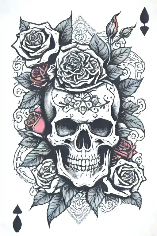 Skull roses dice poker cards and webs entwined tattoo design idea