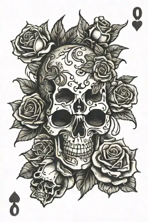 Skull roses dice poker cards and webs entwined tattoo design idea
