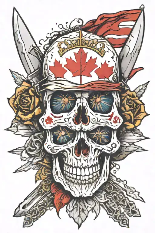 skull, knives, Canadian flag, Ecuador flag, family tattoo design idea