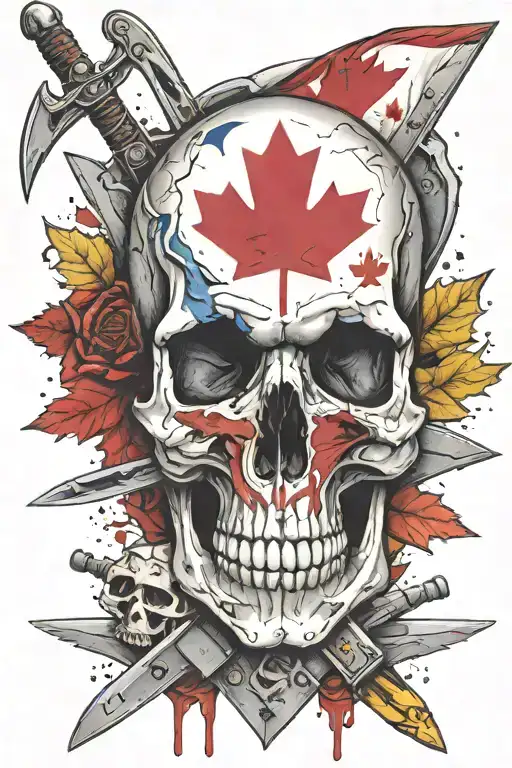skull, knives, Canadian flag, Ecuador flag, family tattoo design idea