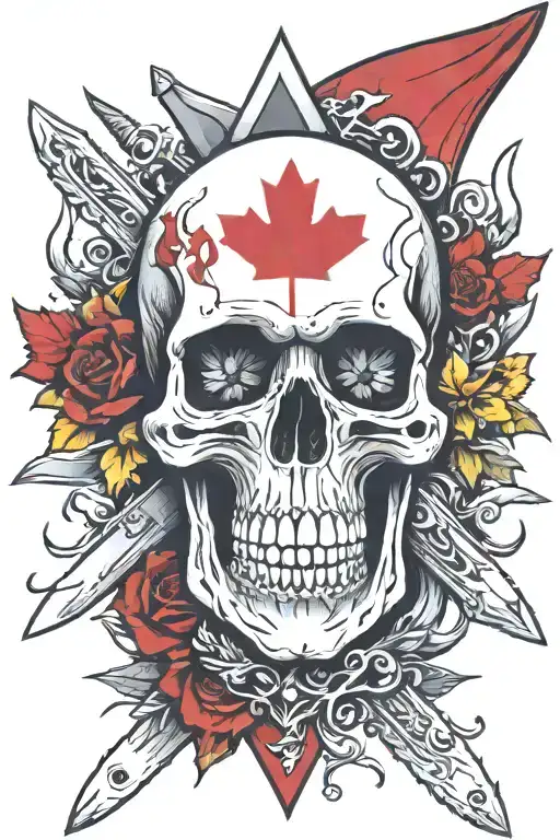 skull, knives, Canadian flag, Ecuador flag, family tattoo design idea