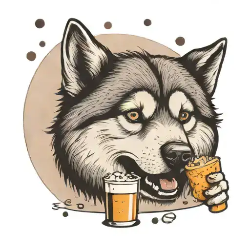 A cute cartoon Alaskan Malamute enjoying a plate of your favorite food and drinks, with a speech bubble saying 'Cheers to life and love' tattoo design idea