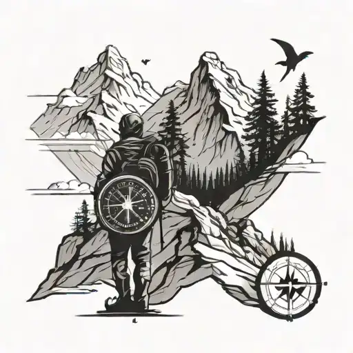 A silhouette of a hiker on a mountain peak with a compass in hand, symbolizing your love for hiking and travel tattoo design idea