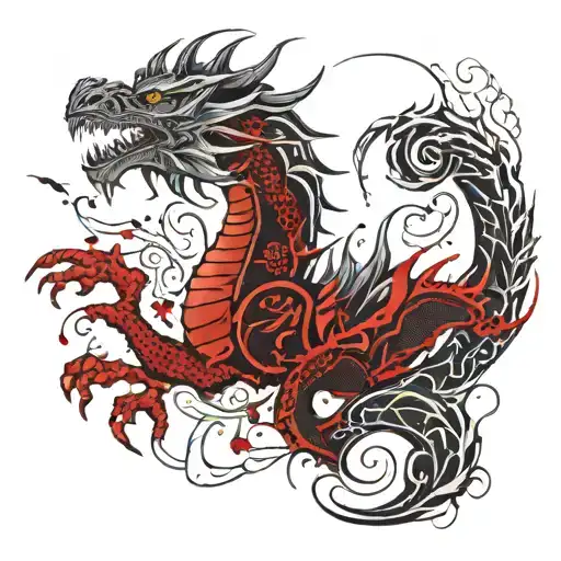 Blackwork "Blackwork Upper Arm Tattoo Of A Mythical Dragon With Detailed Scales And Flowing, Abstract Patterns." Tattoo  tattoo design idea