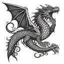 Blackwork "Blackwork Upper Arm Tattoo Of A Mythical Dragon With Detailed Scales And Flowing, Abstract Patterns." Tattoo  tattoo design idea