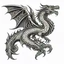 Blackwork "Blackwork Upper Arm Tattoo Of A Mythical Dragon With Detailed Scales And Flowing, Abstract Patterns." Tattoo  tattoo design idea