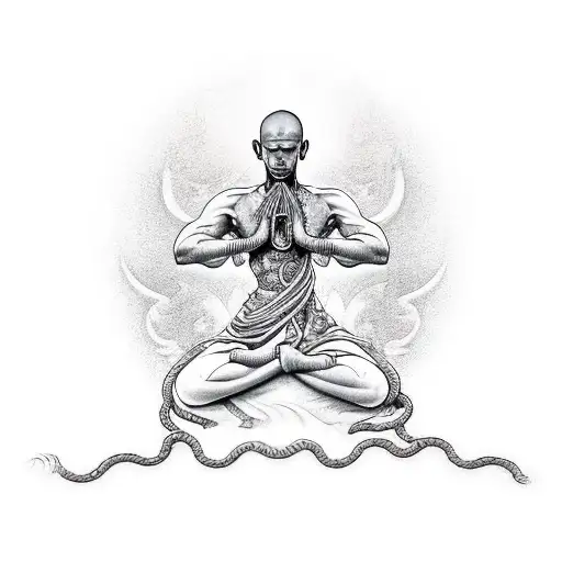 Warrior monk meditating with a dragon coiled around him tattoo design idea