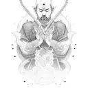 Warrior monk meditating with a dragon coiled around him tattoo design idea