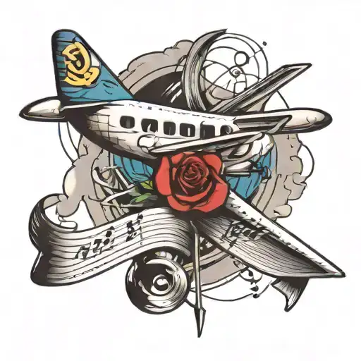 A plane that is drawing a music note and flying toward to the heart tattoo design idea