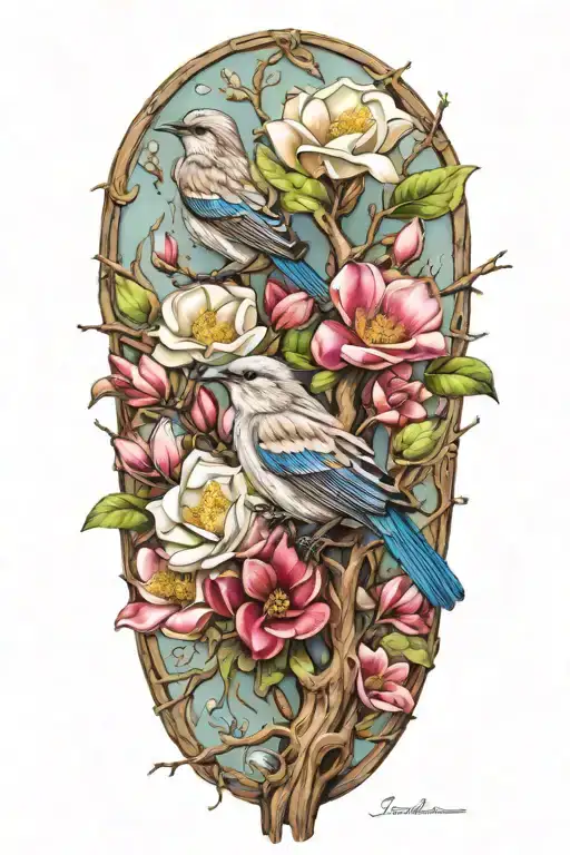 driftwood, magnolias, morning glories, pearls, mockingbird  tattoo design idea