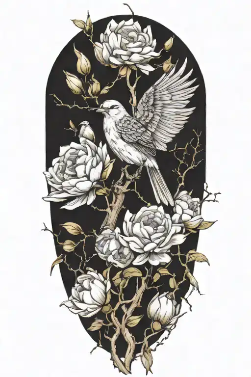 driftwood, magnolias, peonies, mockingbird  tattoo design idea
