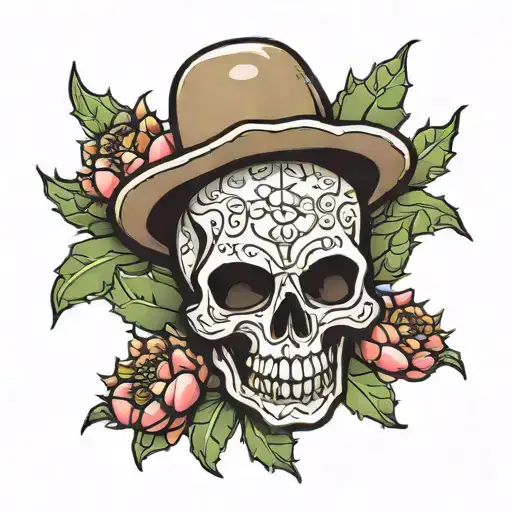 cartoon prickly pear cactus with skull face tattoo design idea