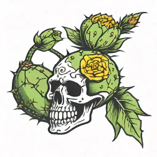 cartoon prickly pear cactus with skull face tattoo design idea