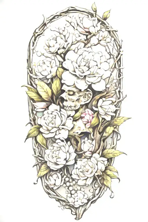 driftwood, magnolias, peonies, pearls tattoo design idea