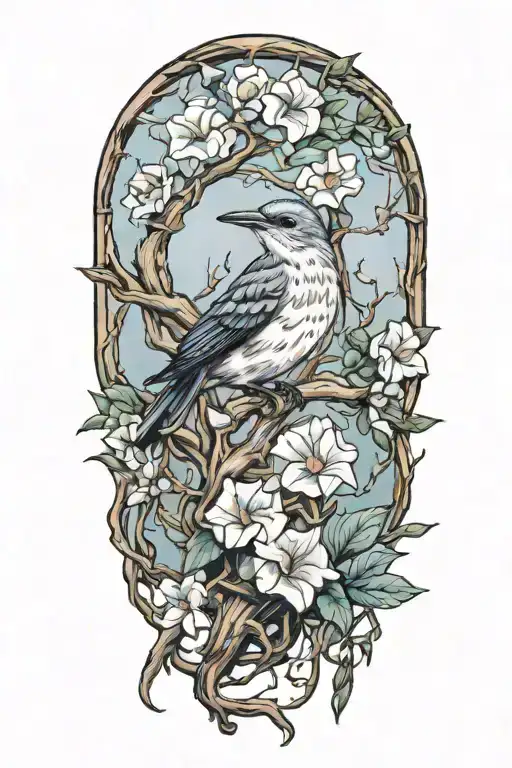 driftwood, morning glory mockingbird  tattoo design idea