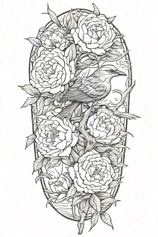 driftwood, peonies, mockingbird tattoo design idea