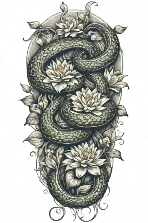 2 snakes with water lilies  tattoo design idea