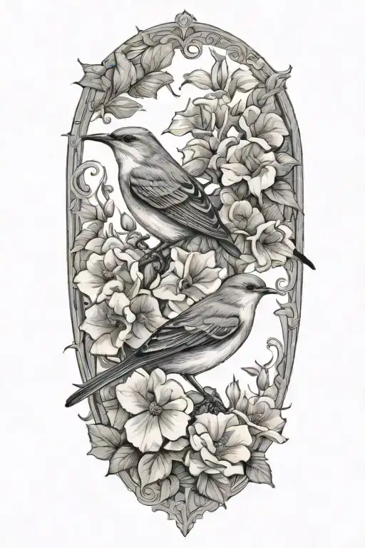 mockingbird with morning glories  tattoo design idea