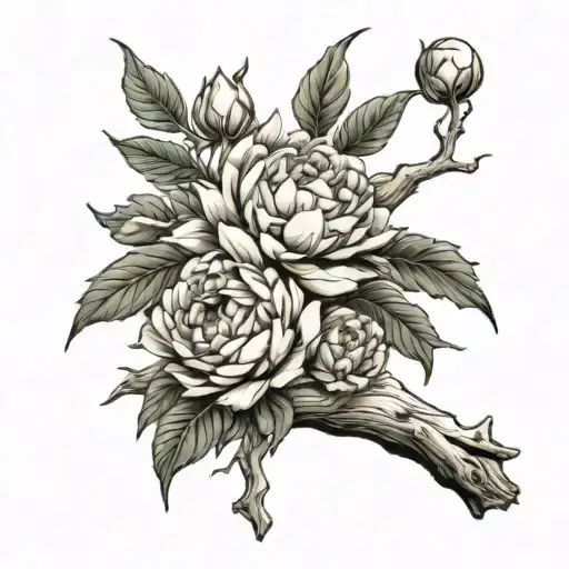 driftwood, sun, peonies tattoo design idea