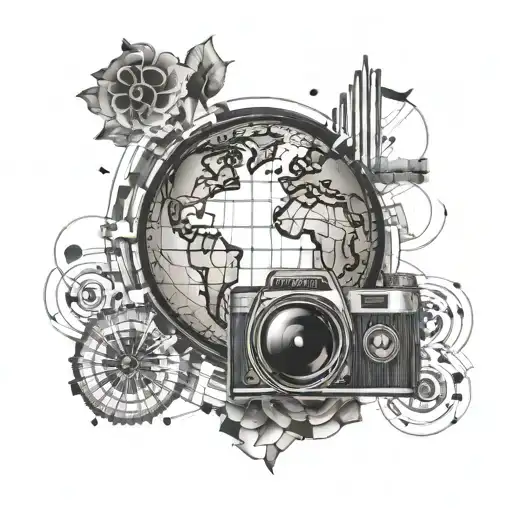 A globe with musical notes as latitude and longitude lines, surrounded by a border of camera shutter symbols tattoo design idea