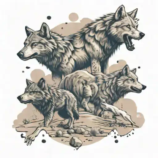 A sleeve tattoo featuring a pack of wolves playing football in a desert oasis, with subtle references to The Smiths and The Stone Roses in the background tattoo design idea