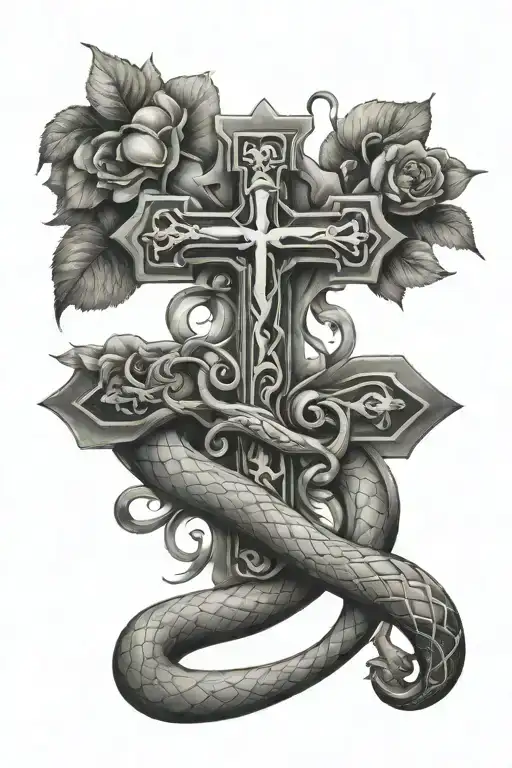 biblical cross,apple and snake tattoo design idea