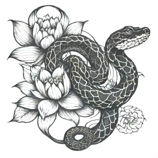 snake and lotus flower blooming tattoo design idea
