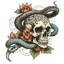 snake and lotus flower and  skull tattoo design idea