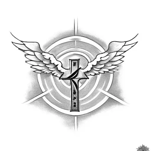 A black-grey tattoo design showcasing a cross with the number 94 in the middle, embellished with angel wings tattoo design idea