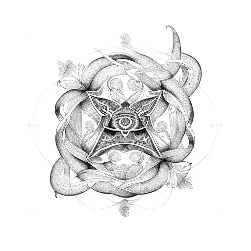 Pisces symbol intertwined with vines and blooming flowers tattoo design idea