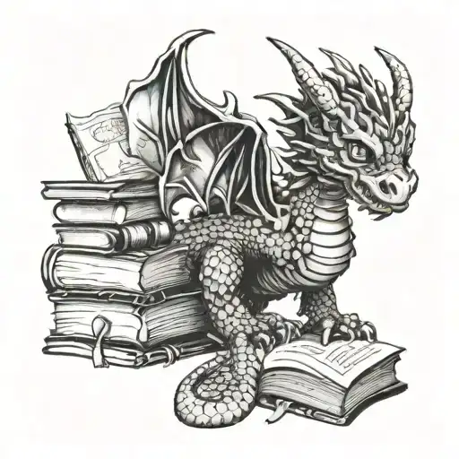 Baby Space Dragon Hiding treasures and books tattoo design idea