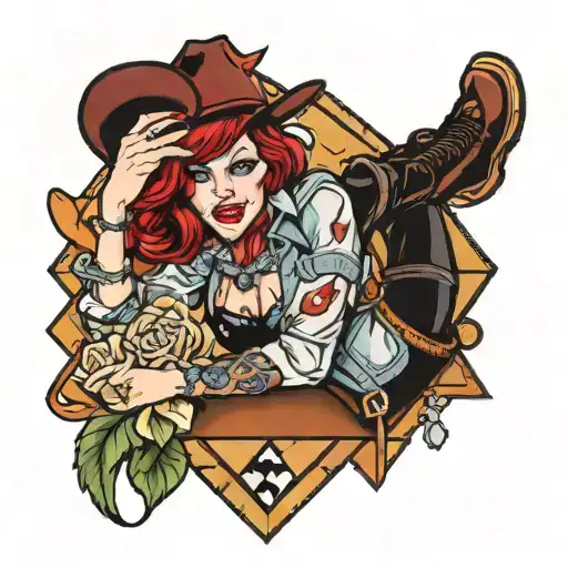 Red headed pinup cowgirl sitting on a diamond  tattoo design idea
