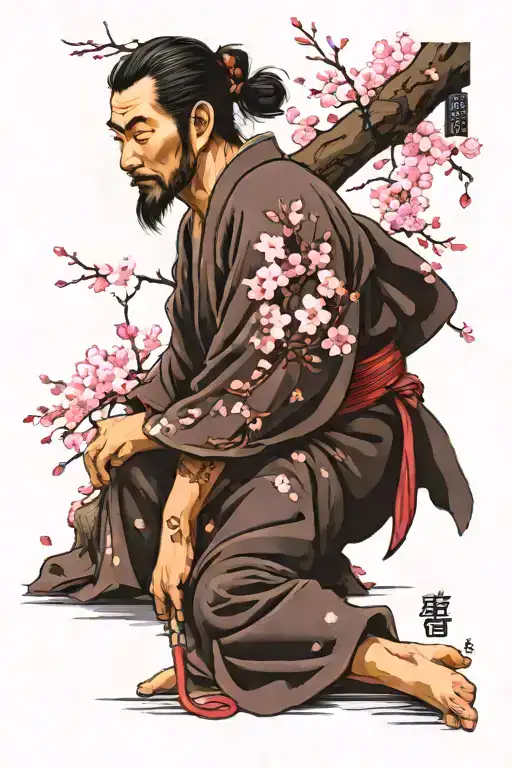 sleeping ronin under a very pink cherry blossom tree  tattoo design idea