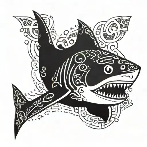A blackwork tattoo of a shark with intricate patterns inspired by gaming symbols and characters tattoo design idea