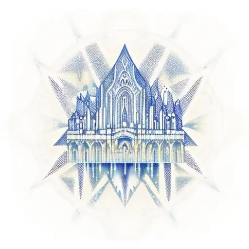 Metz cityscape transformed into a celestial realm with geometric patterns tattoo design idea