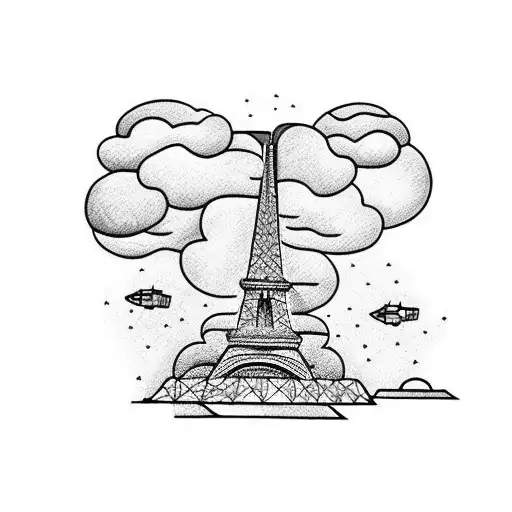 Eiffel Tower with a plane flying through a cloud in the background tattoo design idea