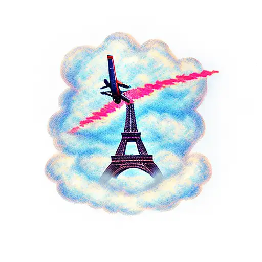 Eiffel Tower with a plane flying through a cloud in the background tattoo design idea