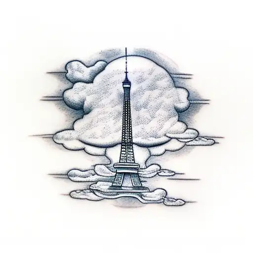 Eiffel Tower with a plane flying through a cloud in the background tattoo design idea
