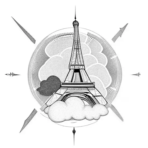 Eiffel Tower with a plane flying through a cloud in the background tattoo design idea