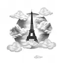 Eiffel Tower with a plane flying through a cloud in the background tattoo design idea