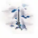 Eiffel Tower with a plane flying through a cloud in the background tattoo design idea