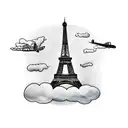 Eiffel Tower with a plane flying through a cloud in the background tattoo design idea