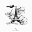 Eiffel Tower with a plane flying through a cloud in the background tattoo design idea