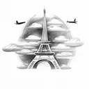 Eiffel Tower with a plane flying through a cloud in the background tattoo design idea