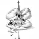 Eiffel Tower with a plane flying through a cloud in the background tattoo design idea
